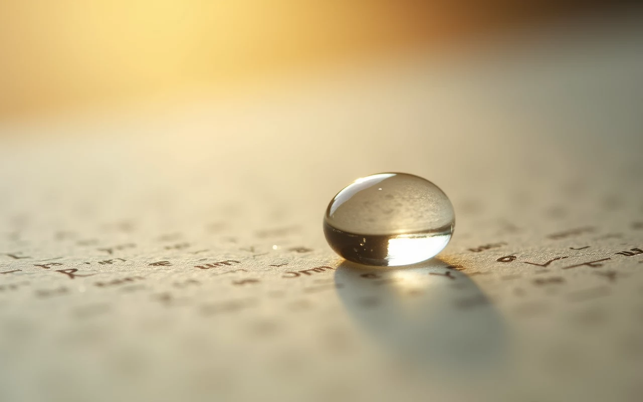 A single dewdrop on textured paper — the irreducible unit